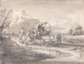 Paysage ouvert avec cavaliers et charrette couverte